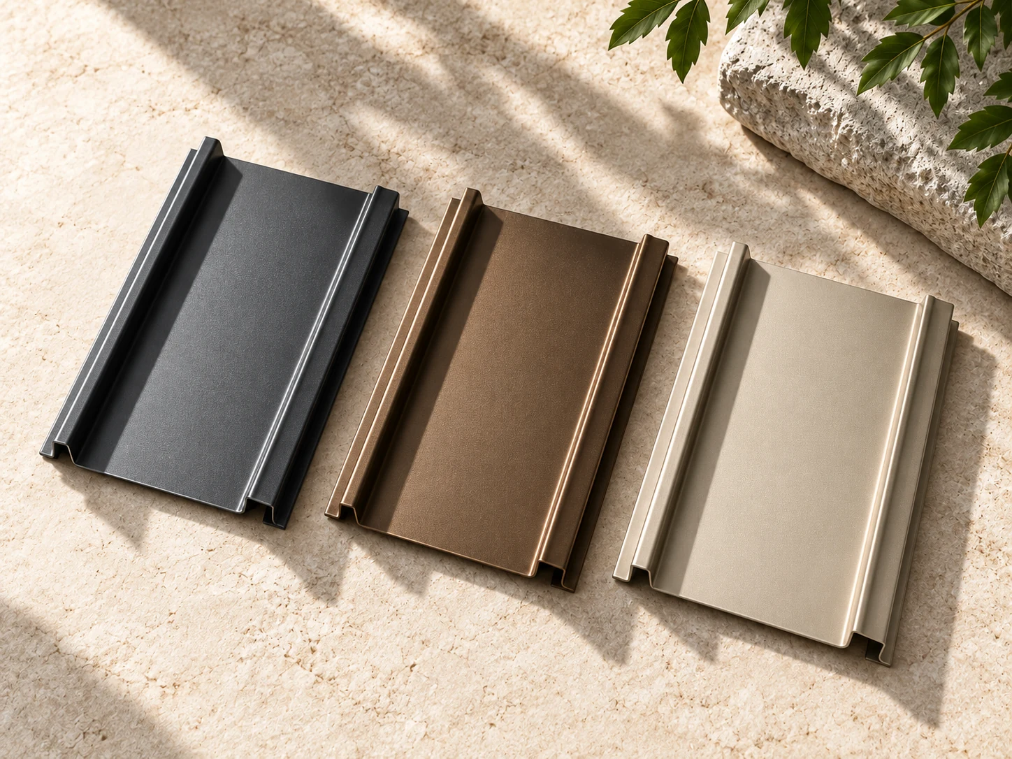 Three illustrative metal samples in graphite, bronze, and limestone tones